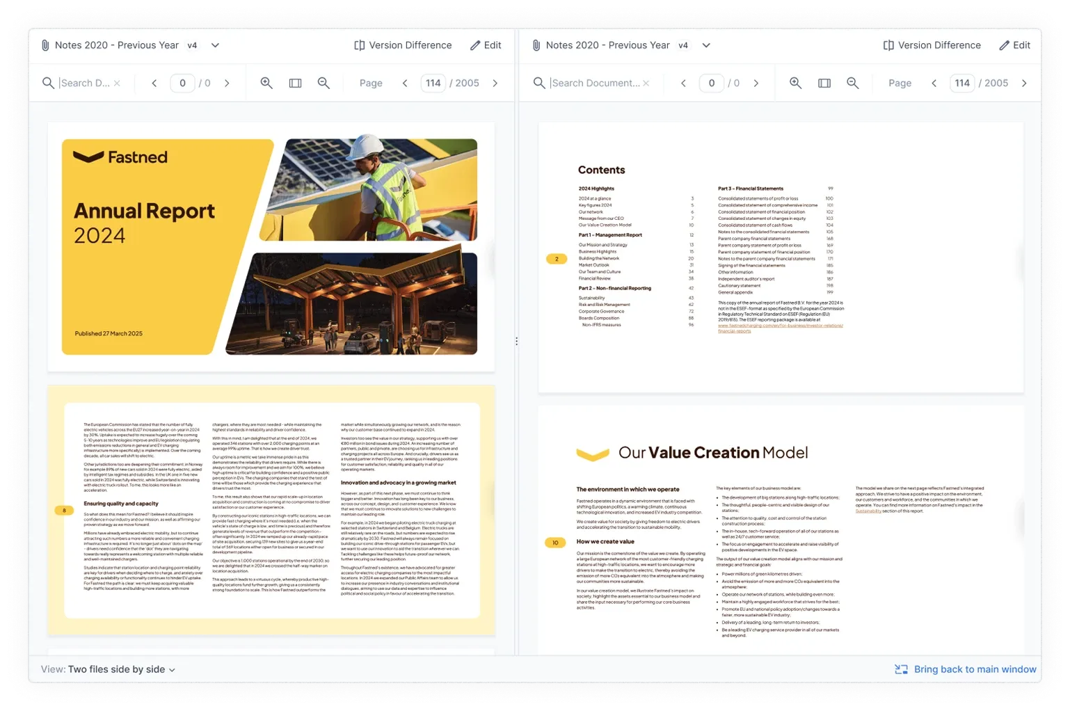 Two document windows side by side, both headed “Notes 2020 - Previous Year v4” with their own search, zoom and page controls; the left shows an “Annual Report 2024” cover page, the right shows the report’s contents page and a “Our Value Creation Model” spread, and the footer reads “View: Two files side by side” and “Bring back to main window”.