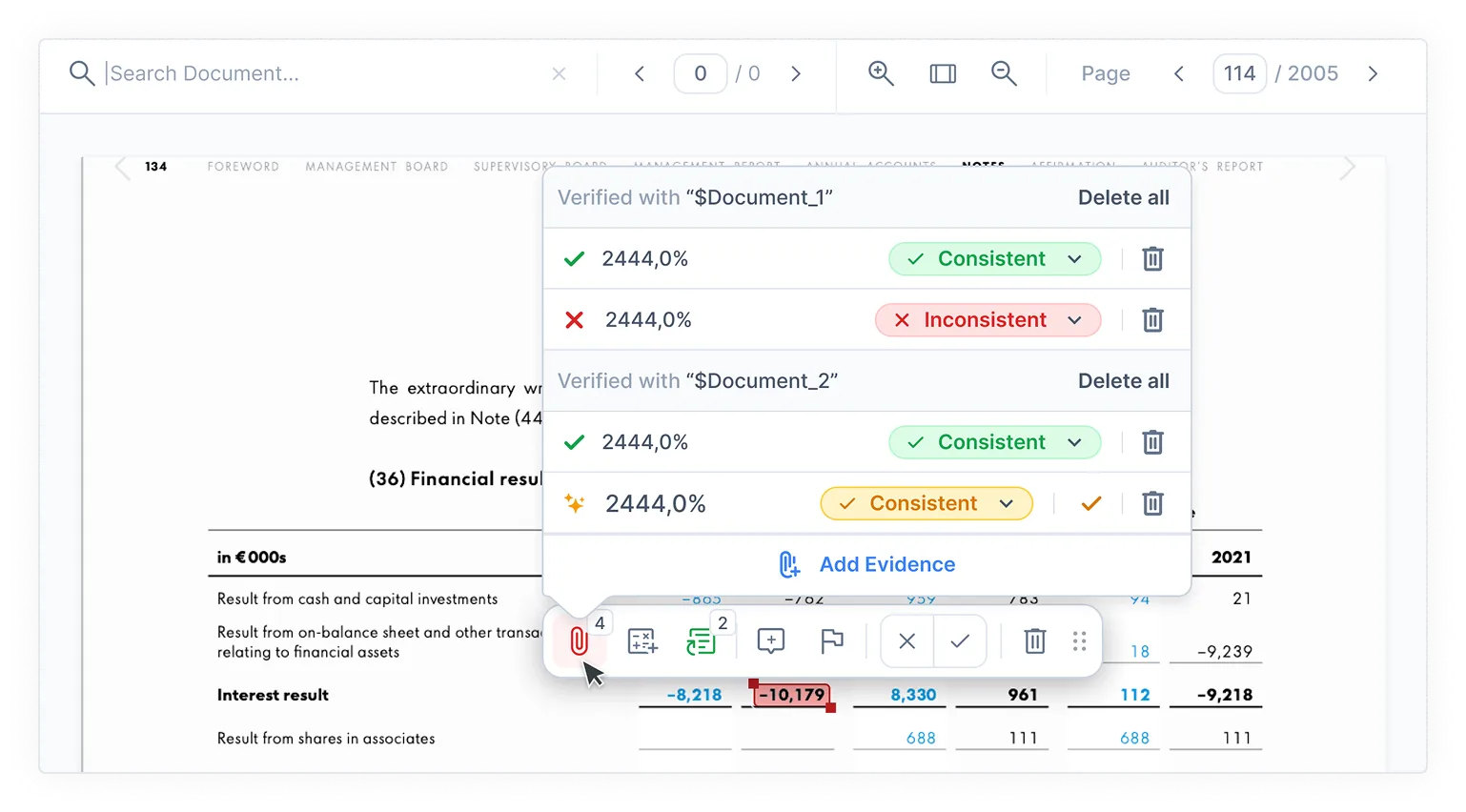 Screenshot of a document page in dnl: clicking a figure in a financial result table opens a selection menu listing evidence entries verified with two documents, each labeled Consistent or Inconsistent with a delete icon, plus an “Add Evidence” action and a small toolbar of check, comment, flag and delete buttons.