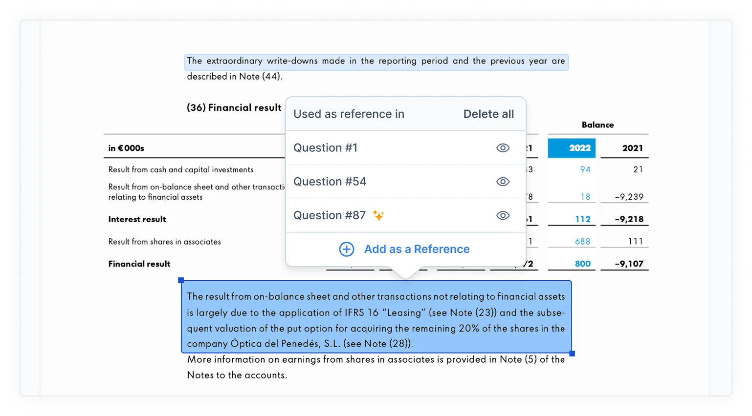 Screenshot of an annual report page in dnl: a highlighted passage about the application of IFRS 16 leasing opens a “Used as reference in” menu listing Question #1, Question #54 and an AI-marked Question #87, each with a preview icon, above “Add as a Reference” and a “Delete all” action.
