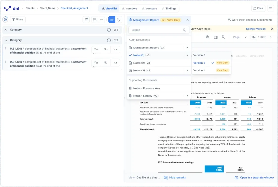 The document selector in ai/checklist opened on “Management Report v2 - View Only”, listing Audit Documents (Management Report v3, Notes (1) v3, Notes (2) v3, Notes (3) v3) and Supporting Documents, with a nested version menu offering Version 3, Version 2 and Version 1 where the older two are tagged “View Only”; a yellow banner above the document reads “View Only Mode” next to a “Newest Version” link.